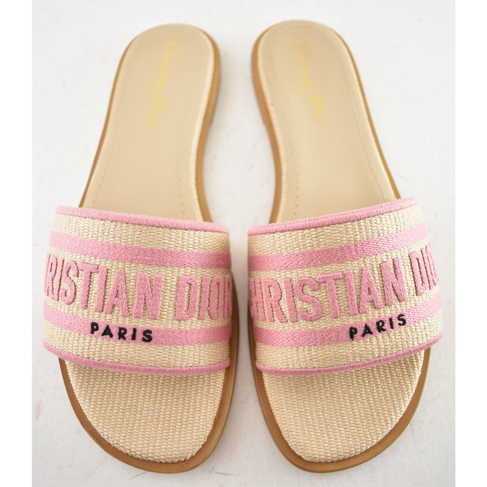 Christian Dior Dway Rose Begonia Pink Raffia Beige Logo Slide Flat Sandal 38.5 - Picture 3 of 13
